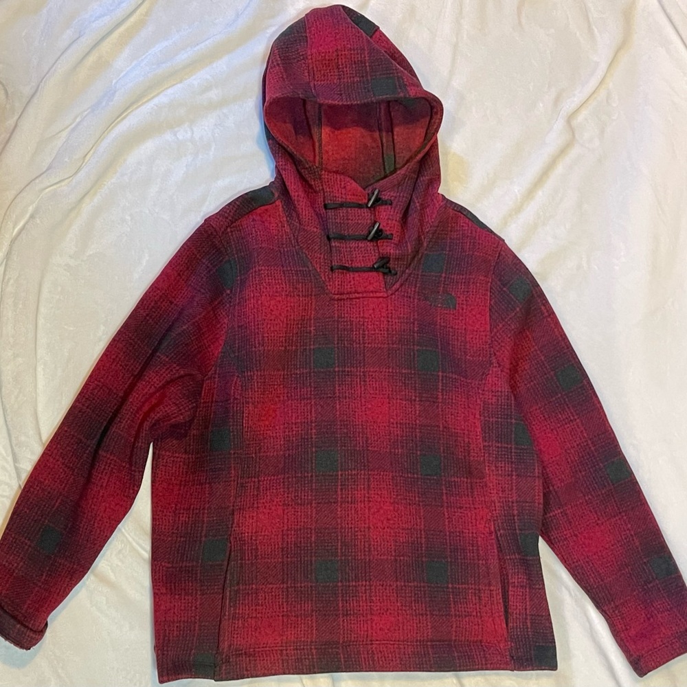 The North Face Womens XXL Crescent Hooded Fleece Pullover Red Black Plaid